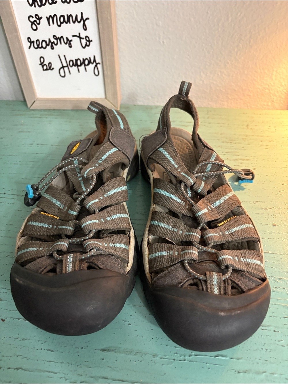 KEEN Brown Water Shoes with Light Blue Stripes